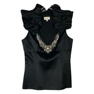 NWT KAREN MILLEN Top 8 Silk Satin Jewel Ruch/Ruffle-Puff-Shoulder Black Stretchy